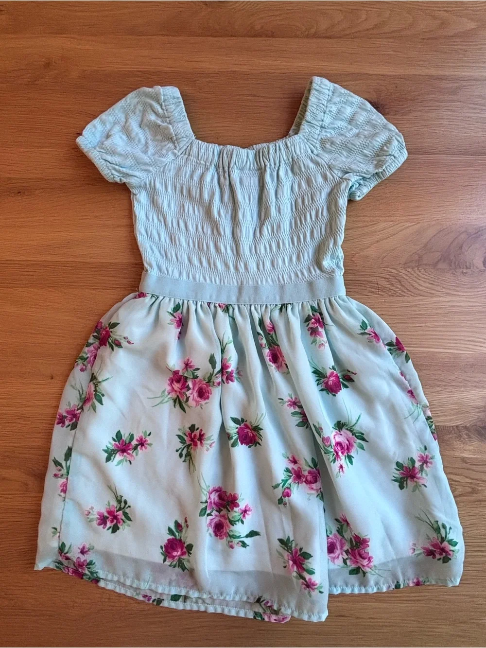 Place Light Blue Floral Puff-Sleeve Dress with Pink Roses